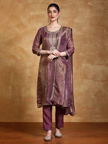 Zari Embroidered Yoke Kurta With Trouser And Dupatta